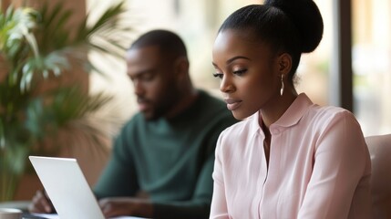 Professional woman working intently in a modern cafe while a man studies behind her
