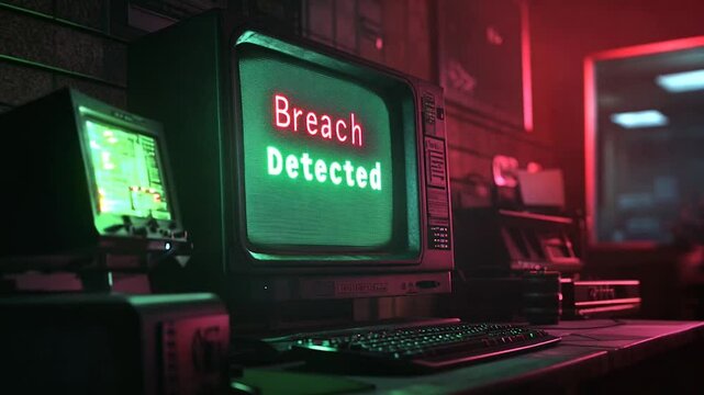 A dramatic scene of a vintage computer screen displaying a "Breach Detected" warning in a moody, dimly lit room. A concept image for cybersecurity and data protection.