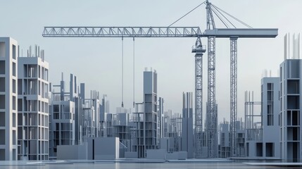 Obraz premium 3D visualization of an industrial construction site with a crane lifting beams against a detailed gray background.