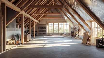 Fototapeta premium 3D rendering of an unfinished loft with exposed wooden walls and silver roof insulation, capturing a raw construction aesthetic.