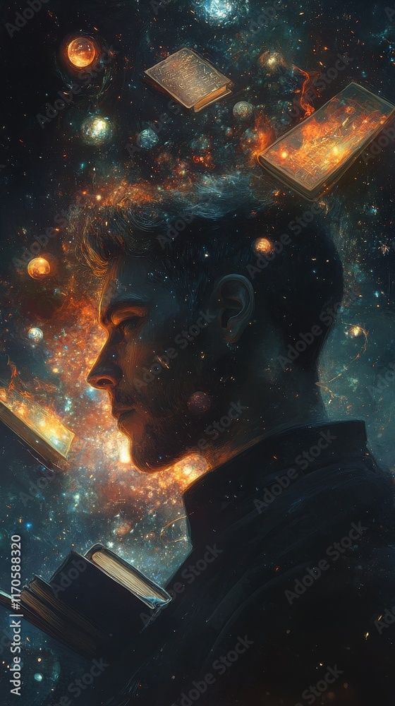 Poster profile of a man surrounded by cosmic elements and floating books under a mystical starry backdrop