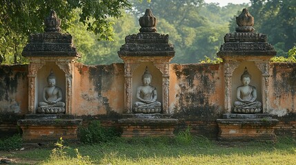 Three Buddha Statues Within Ancient Wall Niches