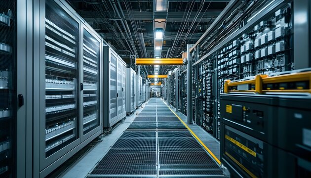 Modern Data Center Server Room with Rows of Network Equipment - Powered by Adobe
