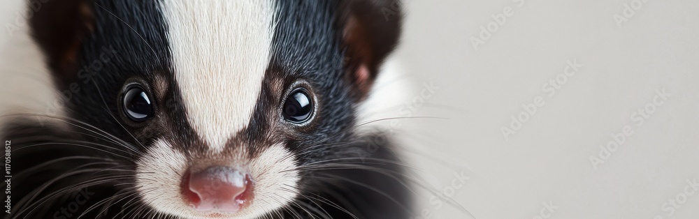 Poster Close-up view of a skunk's face highlighting its distinct markings and expressive features in a natural setting