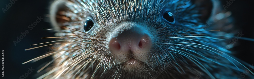 Poster close-up view of a porcupine's face with detailed quills and unique facial features at twilight in i