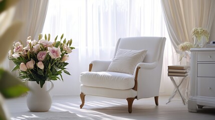 Interior design of white living room space with modern armchair, mock up poster frame, commode, books, plants and personal accessories. Template. Home decor.