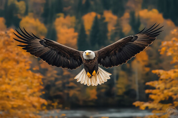 A majestic bald eagle soaring over the autumnal forest and lake, with its wings spread wide as it flies gracefully in mid-flight