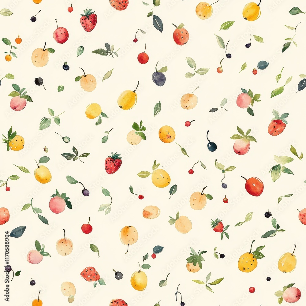 Poster Colorful doodle illustrations of various fruits with leaves on a soft background creating a whimsical pattern