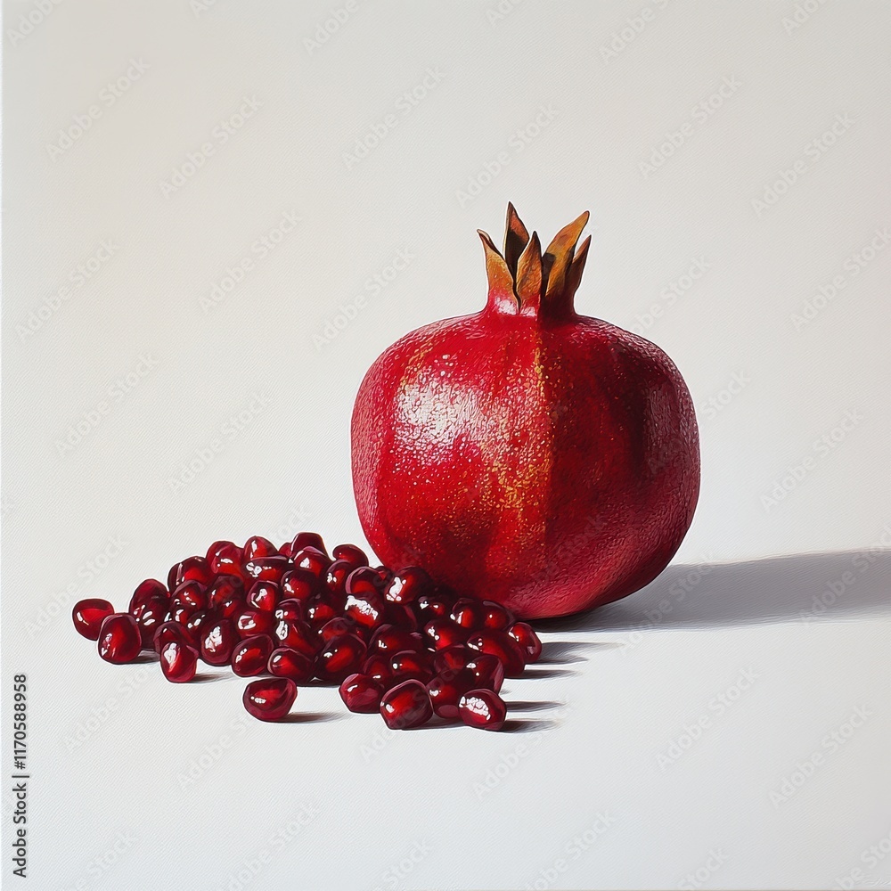 Aufkleber Fresh red pomegranate with gleaming seeds spilling out in a bright background setting