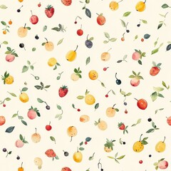 Colorful doodle illustrations of various fruits with leaves on a soft background creating a whimsical pattern