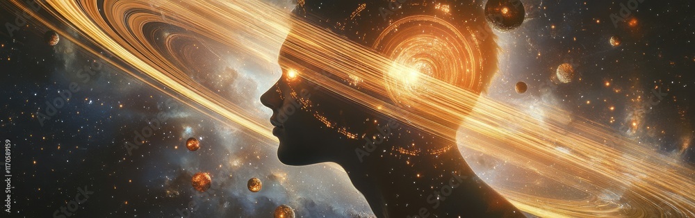 Poster dynamic profile of a man surrounded by cosmic elements in an imaginative, celestial landscape