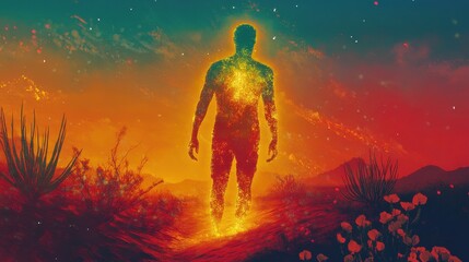 Glowing man stands against a vibrant sunset in a surreal landscape full of vivid colors