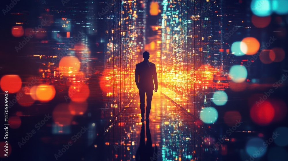Poster Man walking through a glowing corridor filled with vibrant lights and reflections in a futuristic setting