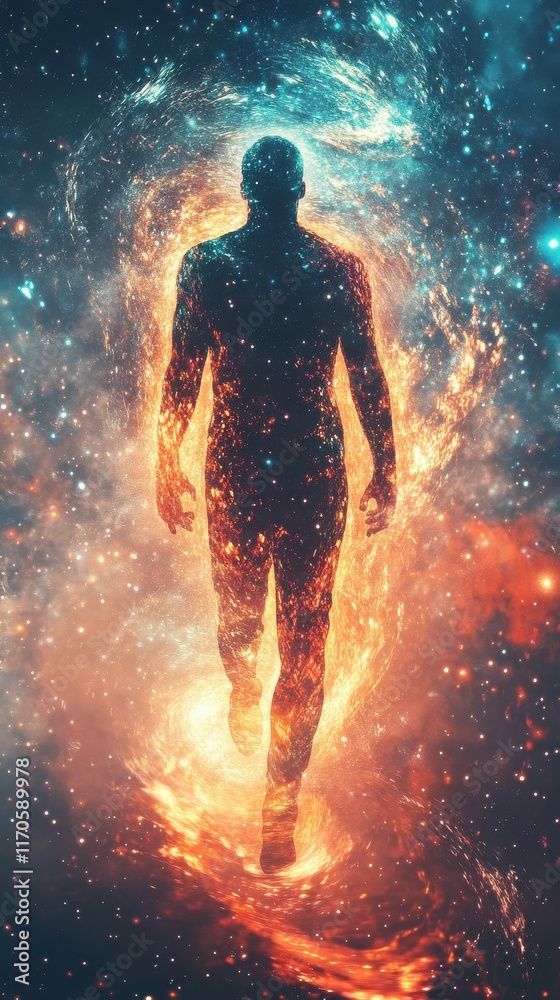Poster Man walking through a cosmic vortex illuminated by vibrant colors and energy in a surreal space setting