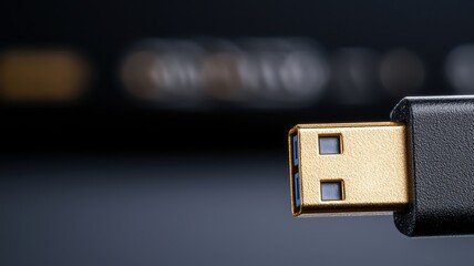 USB connector close-up with gold-plated tip on dark background.
