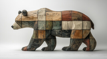 Wooden bear figurine with patchwork design.
