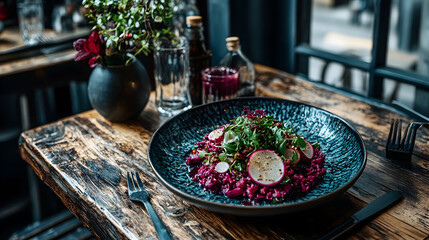 Delicious beetroot risotto served in a rustic restaurant setting. A visually appealing dish, perfect for food blogs and culinary websites.