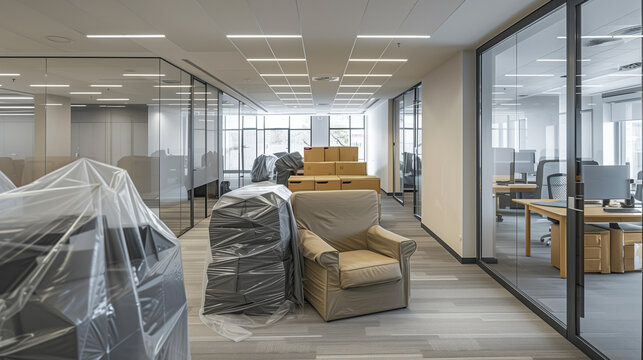 An office space wrapped in furniture covers suggests a recent move or renovation