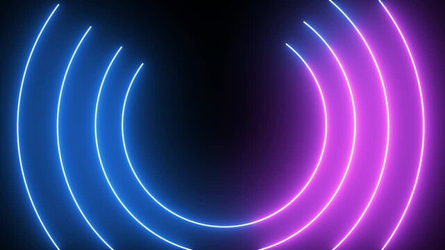 3D render, Neon glowing blue and purple laser beam circle with floor reflection on black blackground 