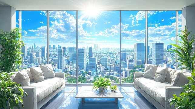 Sunny city view from modern apartment living room. (1)