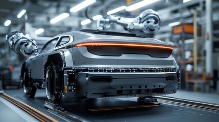 Fototapeta premium A car production line with robotic arms assembling the SUV torso at a modern factory, showcasing advanced technology, automation, and precision engineering with cinematic lighting and high detail.