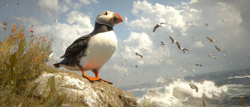 Puffins perched on windswept cliffside coastal landscape nature dynamic environment close-up view wildlife conservation
