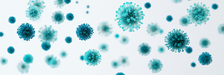 Blue Covid, respiratory virus molecules, on a white background, in the air. Banner template 3d seasonal flu, rotavirus, pandemic and epidemic formation, advertising and news