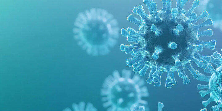 Blue Covid, respiratory virus molecules, on a blue background, in the air. Banner 3d seasonal flu, rotavirus, pandemic and epidemic formation, advertising and news copyspace