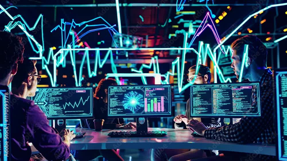 Poster Tech professionals analyze data trends in a futuristic office setting with vibrant visuals and multiple screens