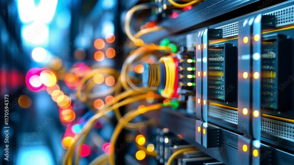 Poster advanced ai server technology showcases vibrant data processing in a high-tech environment