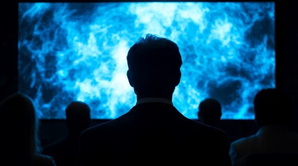 Silhouette of a Man Watching a Blue Abstract Projection
