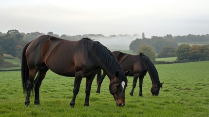 Fototapeta premium Grazing horses in a misty green meadow nature serene landscape peaceful environment