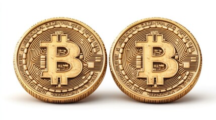 Two gold-colored Bitcoin coins displayed against a white background.