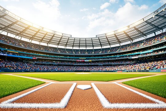 View of a baseball field from home plate perspective, vibrant crowd in a large stadium under a sunny sky, emphasizing sports and excitement. Ai generative