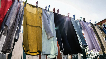 A line of clothes hanging on a clothesline