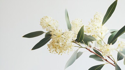 Cream-colored flowers and eucalyptus leaves against a white background; floral arrangement for website design.