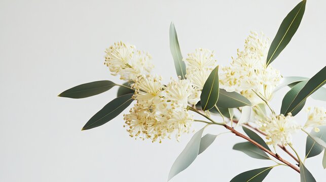 Fototapeta Cream-colored flowers and eucalyptus leaves against a white background  floral arrangement for website design.