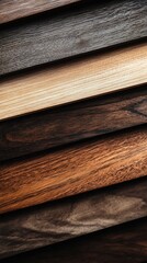 Diagonal arrangement of various wood samples showing different colors and grains.