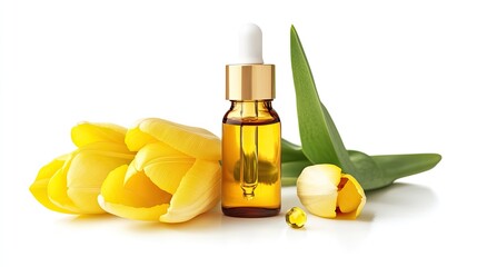 Yellow tulips and essential oil bottle, beauty product, white background, spa.