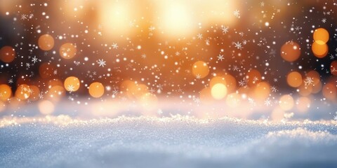 Impressionist Winter Scene with Snowflakes Falling Golden Lights and Bokeh Background