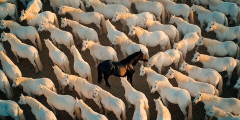 Obraz premium Black Horse Amidst Herd of White Horses