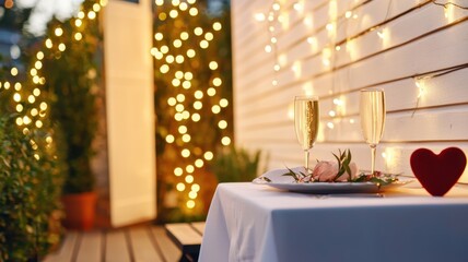 Cozy outdoor dining setup with sparkling lights and romantic accents.