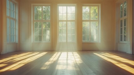 Fototapeta premium An empty room with wood flooring and open windows, showcasing a minimalist and serene atmosphere in elegant simplicity. The space captures tranquility and modern interior style in 8k resolution.