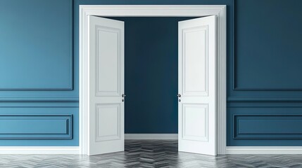 Open white double doors against blue wall background.