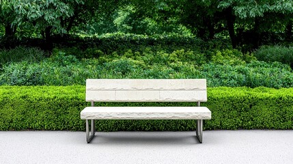 Fototapeta premium A minimalist composition featuring a sleek stone bench with sturdy metal legs positioned in a serene park environment. The vibrant greenery in the background highlights the benchs modern design,