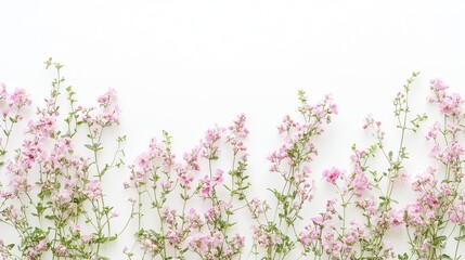 Fototapeta premium Pink flowers border on white background; spring floral design; website banner.