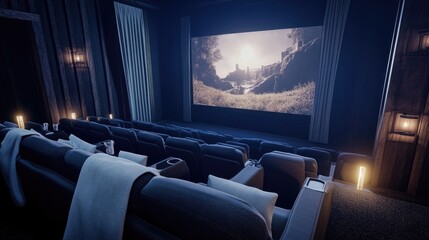 A cozy cinema interior with plush seating and a large screen displaying a serene landscape.