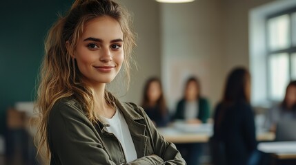 Fototapeta premium Portrait of happy female business teacher and professional coach. Beautiful young woman in jacket standing in office after corporate training class for team of employees, looking at camera and smiling