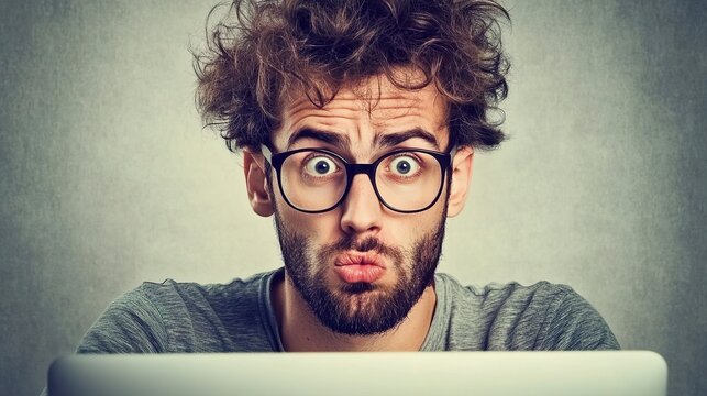 Portrait of confused man looking at computer screen. Puzzled employee, office worker, student or hipster feeling dumb and stupid trying to understand hard complicated stuff or fix PC software problem