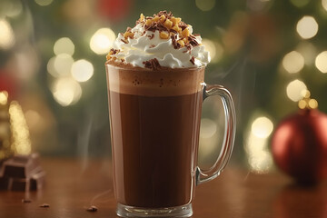 Indulge in a rich, creamy hot chocolate topped with whipped cream and chocolate shavings, perfect for a cozy winter evening.